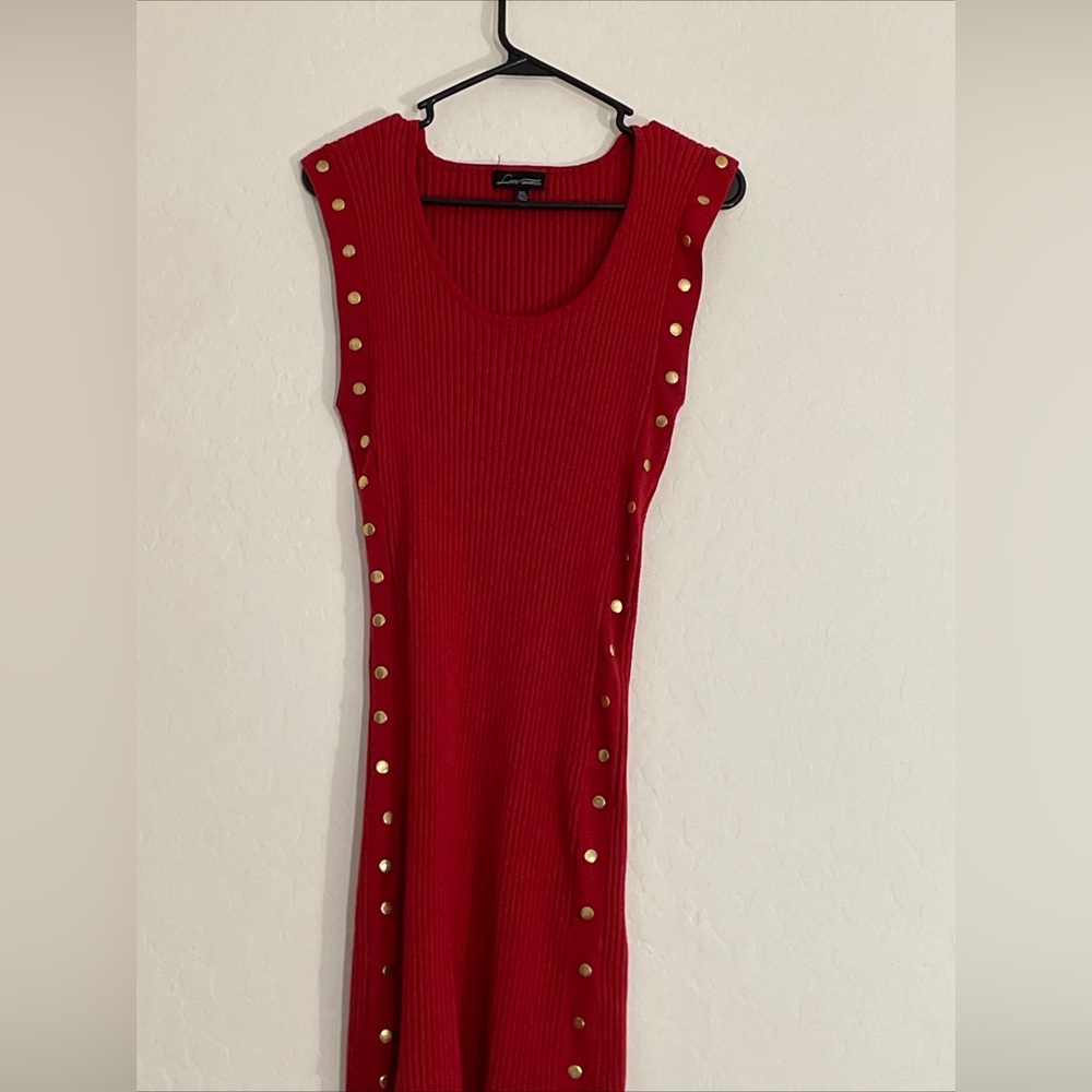 Love University 2X Red Ribbed Studded Sleeveless Dress Super Stretch 34” Length